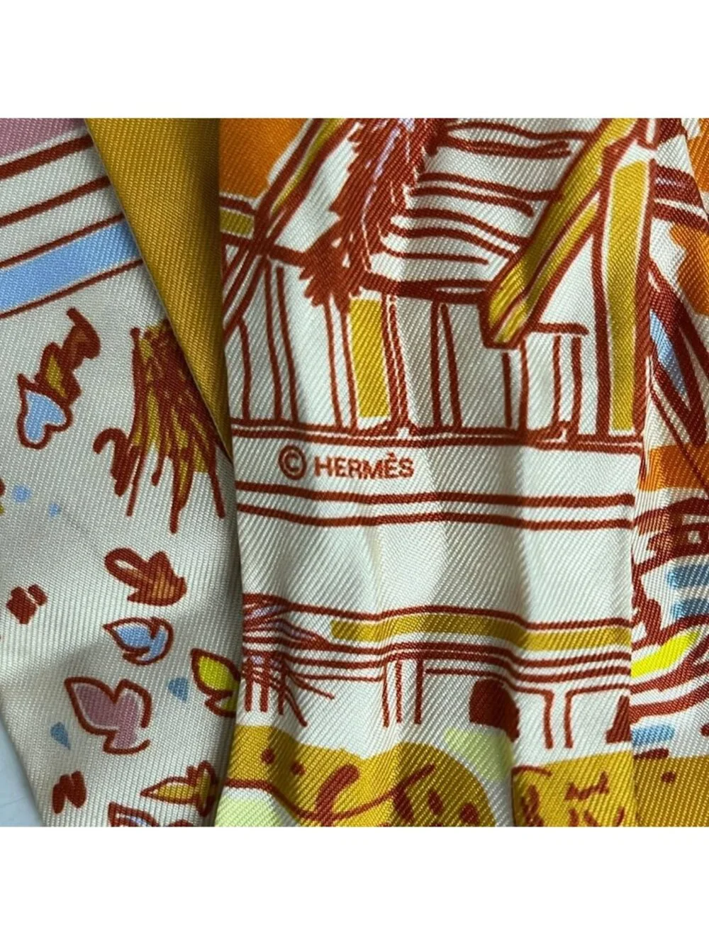 Hermes Scarf Twilly Orange Ivory Multi Ribbon Rayures D'ete